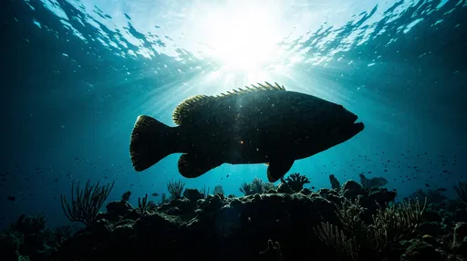 Goliath Grouper Silhouette Against Underwater Sunburst