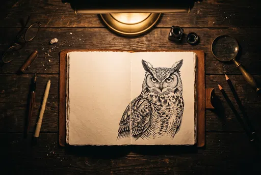 Owl Ink Drawing in Open Sketchbook