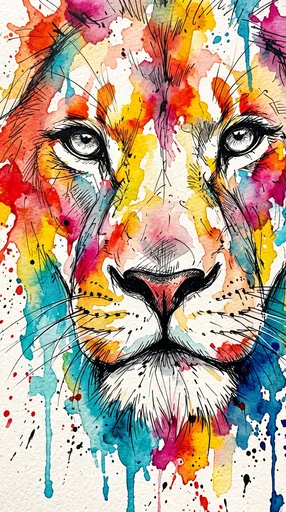 Vibrant Watercolor and Ink Lion Face