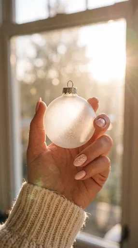 Hand Holding Frosted Christmas Bauble With Snowflake Nail