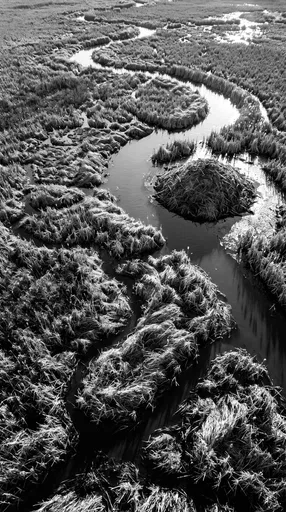 Monochrome Aerial View of Marsh Muskrat Lodge