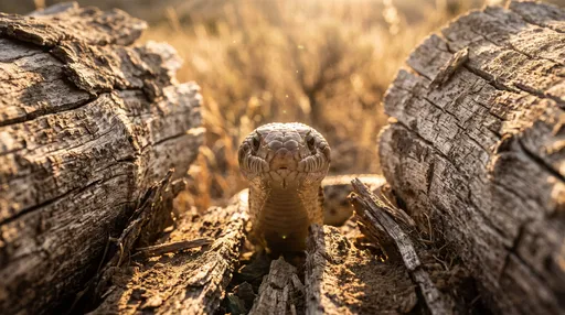 Bull Snake Peering Between Weathered Logs