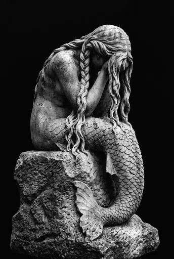 Weathered Stone Siren Statue in Darkness