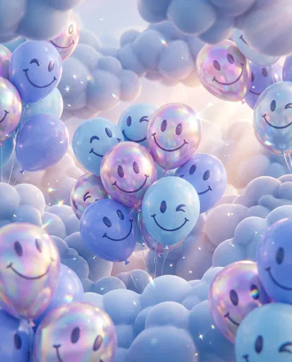 Pastel Blue and Iridescent Smiley Balloons