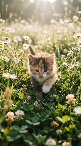 Calico Kitten Walking in Daisy Meadow