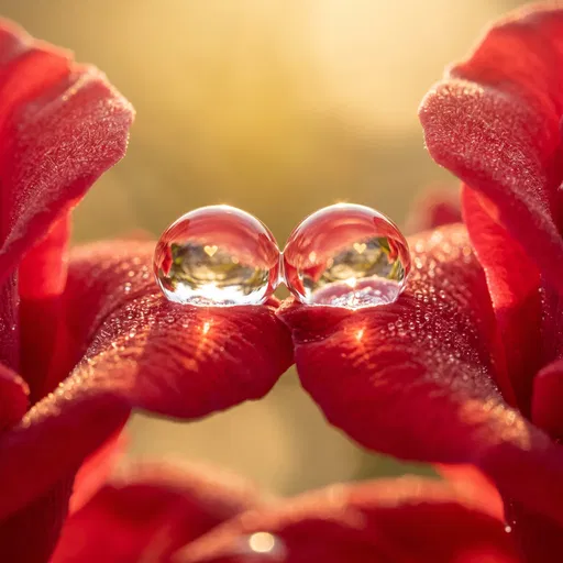 Two Dewdrops With Heart Reflections on Petals