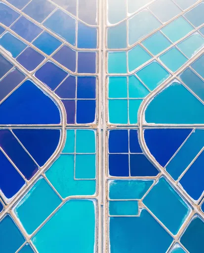 Aerial Geometric Blue Salt Evaporation Ponds