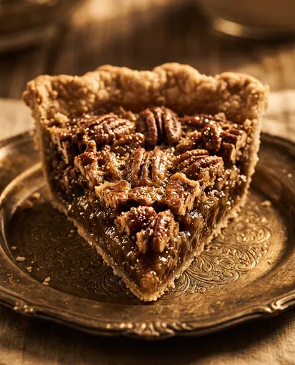 Pecan Pie Slice on Ornate Bronze Plate