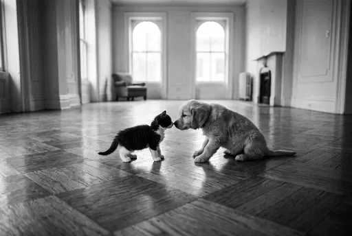 Kitten and Puppy Touching Noses Indoors