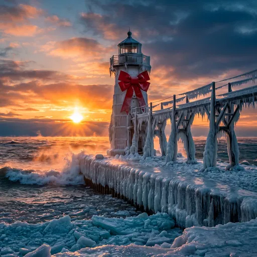 Frozen Lighthouse With Giant Red Bow
