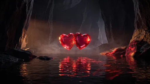 Ruby Crystal Hearts Floating in Cave
