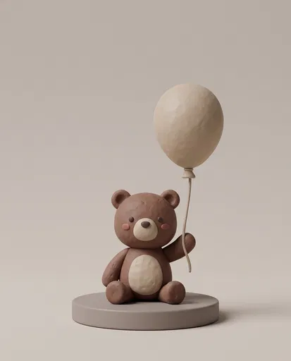 Clay Teddy Bear Holding Beige Balloon