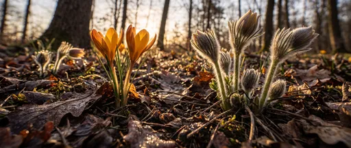 Crocus and Pasqueflowers in Sunlit Forest