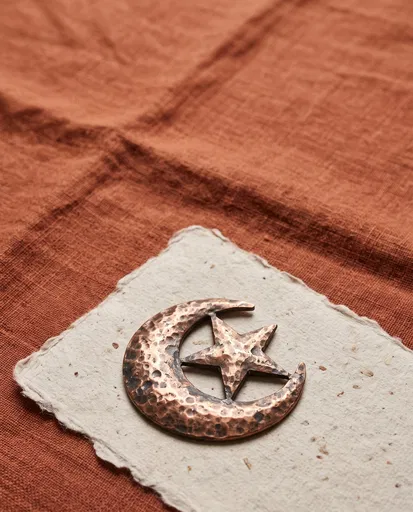 Hammered Copper Crescent Moon and Star Emblem