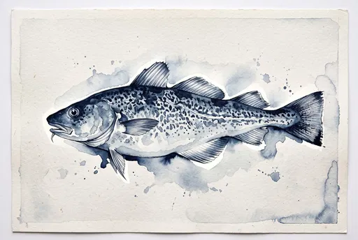Indigo Watercolor Codfish Illustration on Paper
