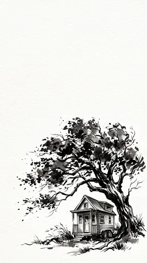 Ink Drawing of Tiny House Under Tree
