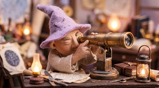 Clay Astronomer Peering Through Brass Telescope