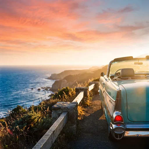 Vintage Turquoise Convertible at Coastal Sunset