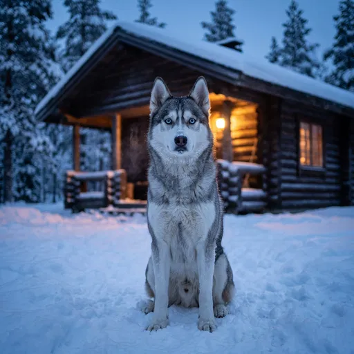 Siberian Husky Sitting Outside Winter Cabin