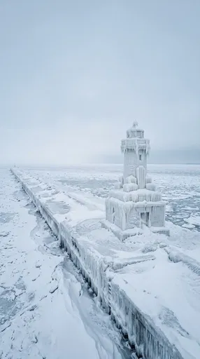 Frozen Lighthouse on Icy Winter Pier