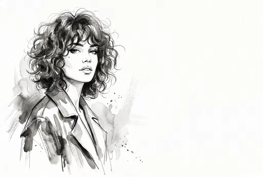 Monochrome Watercolor Sketch of Curly Haired Woman