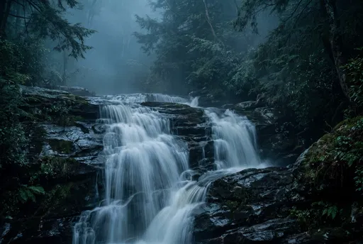 Misty Blue Hour Forest Waterfall Cascade