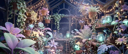 Whimsical Nighttime Greenhouse 3D Background