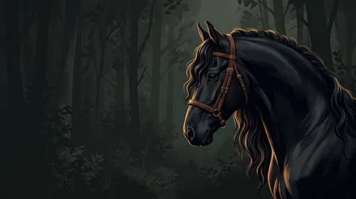 Black Friesian Horse in Dark Forest
