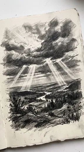 Charcoal Sketch of Sunlight Over Valley