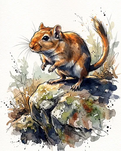 Watercolor Illustration of Gerbil on Rock