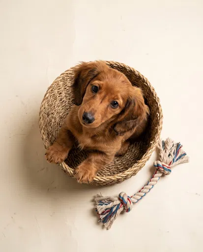 Red Dachshund Puppy in Woven Basket