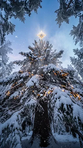 Low Angle Snow Covered Christmas Tree