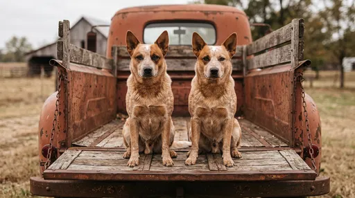 Two Red Heeler Dogs on Vintage Truck