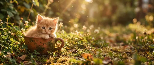 Ginger Kitten in Terracotta Teacup Outdoors