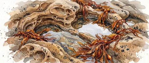 Watercolor Sandstone Tide Pool and Kelp