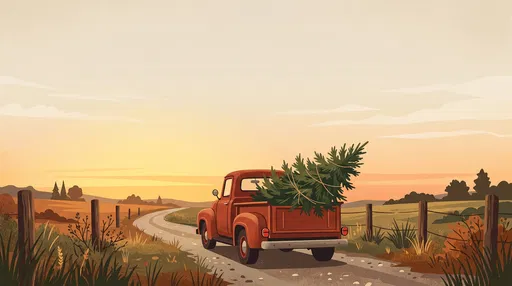 Vintage Red Truck Carrying Christmas Tree
