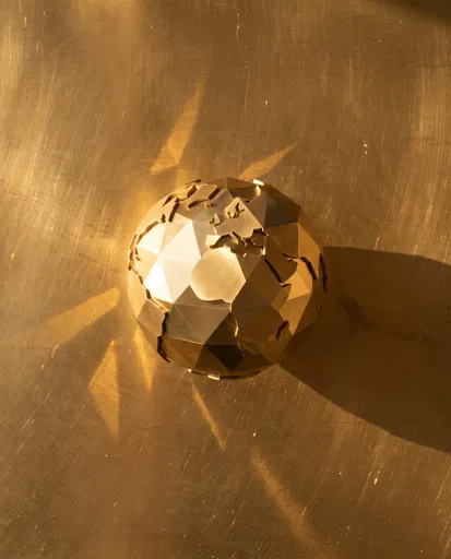 Geometric Gold Globe on Brass Surface