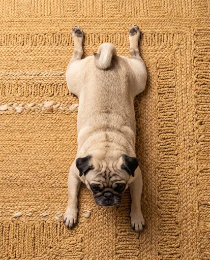 Top Down Fawn Pug on Woven Rug