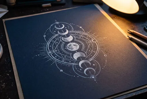 Celestial Moon Phase Sketch on Dark Paper