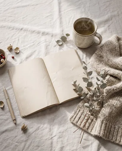 Cozy Morning Flat Lay with Blank Notebook