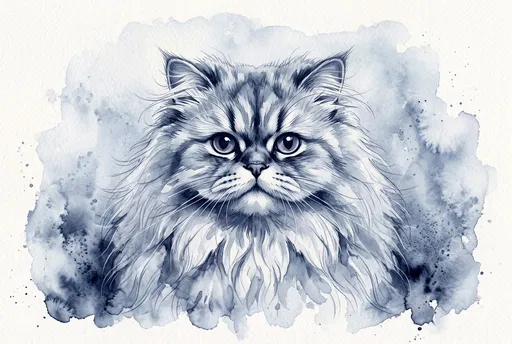 Indigo Watercolor Fluffy Persian Cat Portrait