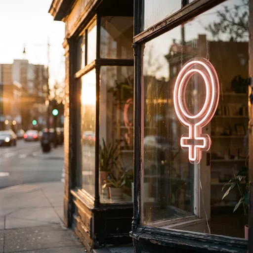 Neon Female Symbol in Storefront Window