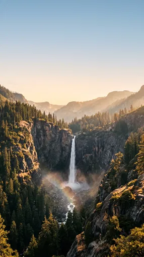 Golden Hour Alpine Waterfall With Rainbow