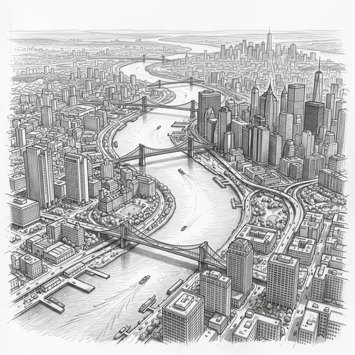Aerial City Skyline and River Sketch