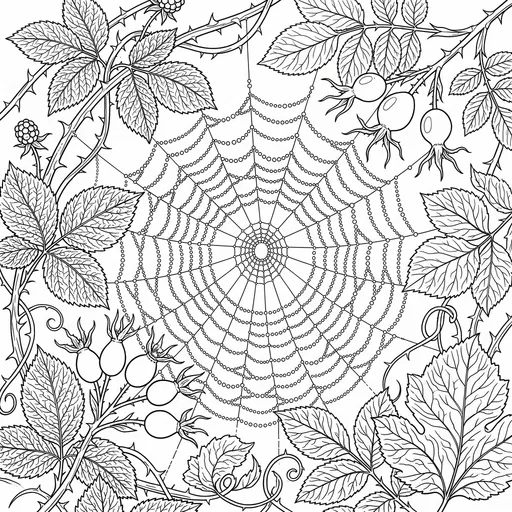 Dewdrop Spiderweb and Brambles Coloring Page
