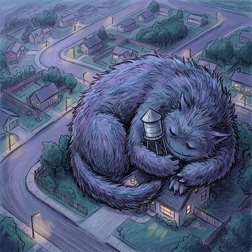 Giant Fluffy Monster Sleeping on Suburban Roof