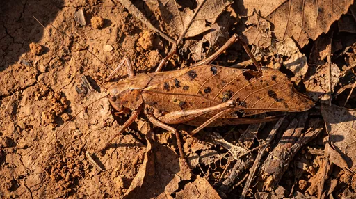Camouflaged Dead-Leaf Katydid on Dry Soil