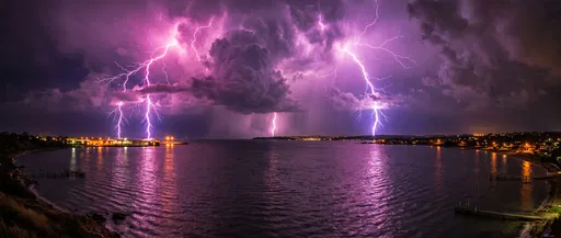 Magenta Lightning Storm Over Coastal Bay