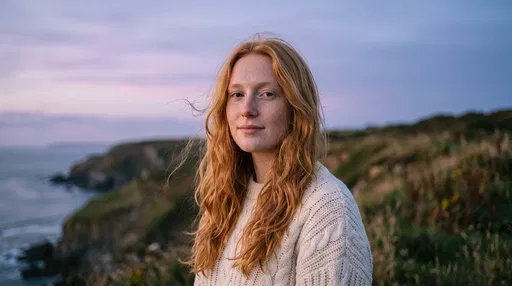 Redhead Woman on Coastal Cliff at Dusk