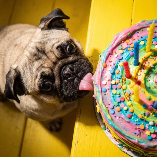 Pug Licking Rainbow Birthday Cake